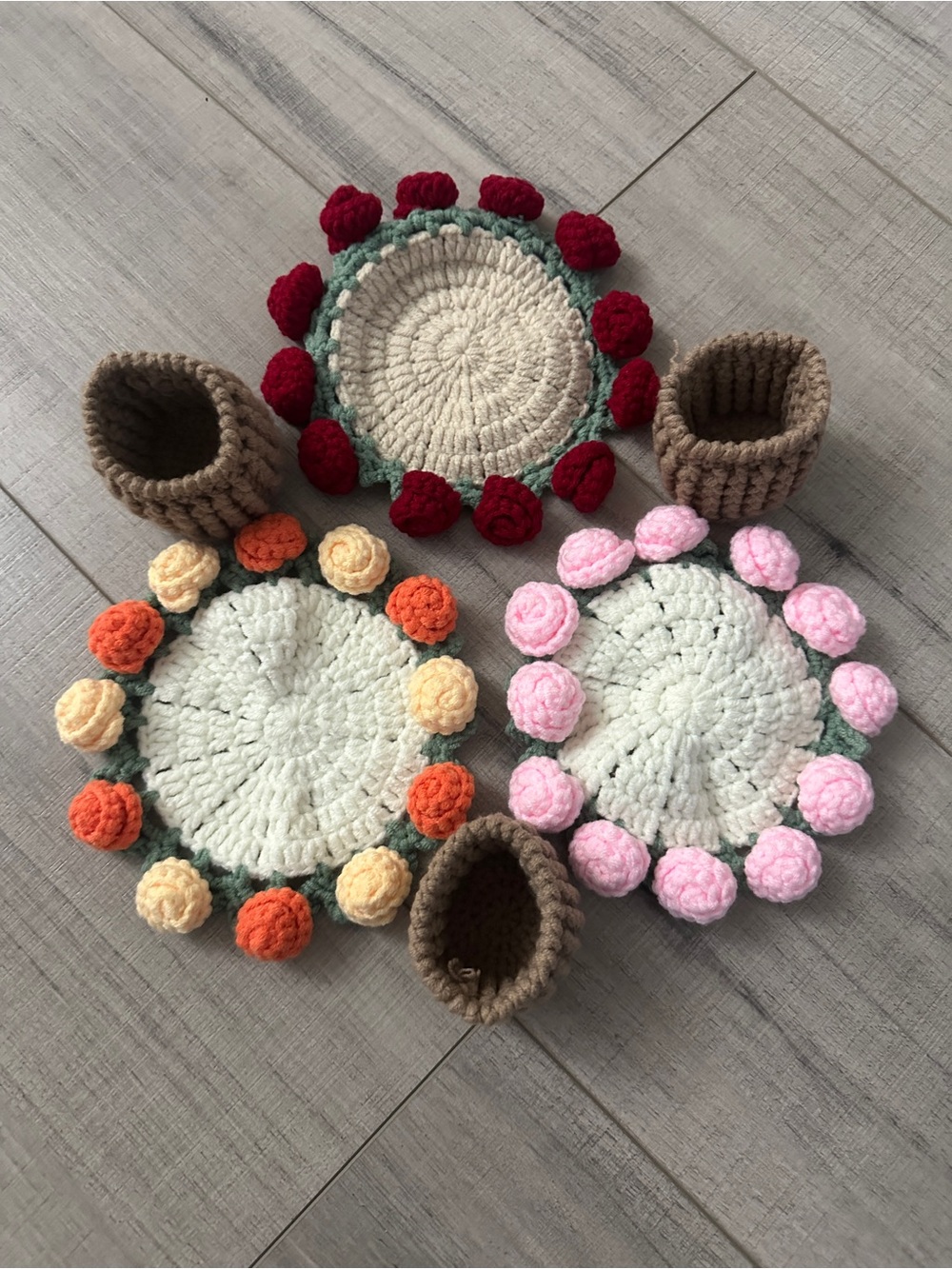 Beautiful set of 3 handmade crochet flower coasters